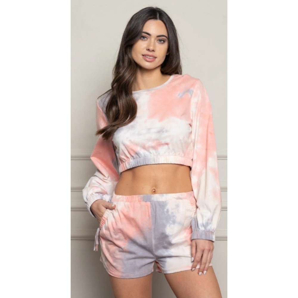 2 piece pink & purple tie dye crop top & ruched short lounge wear jogger set - Picture 1 of 5